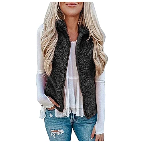 Teddy Weste Damen, Warm Winddichte Taschen Fellweste Teddy Fleece Weste Winter Reißverschluss Große Größen Plüschweste Fleece Weste Ärmellose Einfarbig Elegant Fleeceweste Gilet von DondPO
