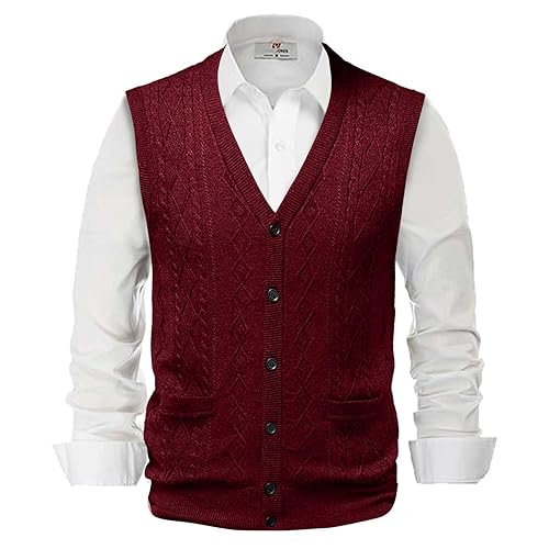 Wollweste Herren Outdoor Winter Slim Fit Wollweste Winterweste V-Ausschnitt Ärmellose Warm Strickweste Pullunder Sweater Vest Beige Baumwolle Pulloverwestee Weste von DondPO