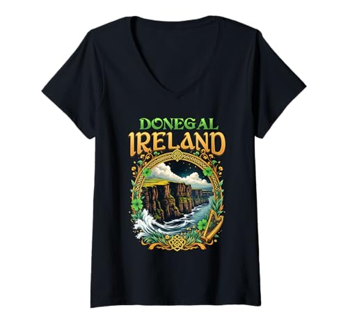 Damen Donegal Irland Souvenir Sea Cliffs Donegal Vacation Travel T-Shirt mit V-Ausschnitt Damen Donegal Irland Souvenir Sea Cliffs Donegal Vacation Travel T-Shirt mit V-Ausschnitt von Donegal Ireland Town Irish Souvenirs