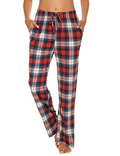 Ekouaer Pyjamahose Damen Kariert Schlafanzug Lang Schlafanzughose Jerseyhose Karierte/Unifarbe Freizeithosen Hausehose mit Zwei Taschen Blau XXL von Ekouaer