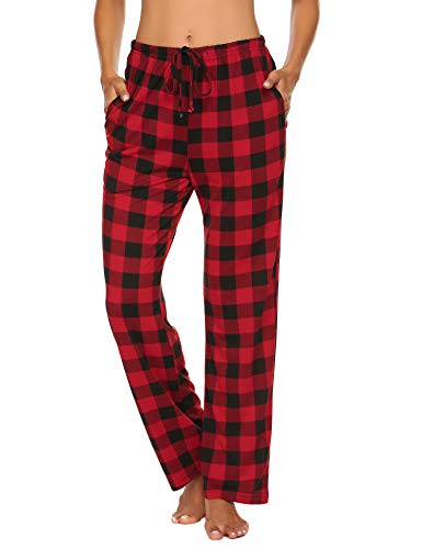 Ekouaer Pyjamahose Damen Lang Baumwolle Schlafanzughose Nachtwäsche Lange Freizeit Hose mit Taschen und Kordelzug Rot XXL von Ekouaer