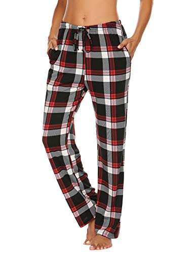Ekouaer Damen Schlafanzughose Lang Baumwolle Pyjamahose Nachtwäsche Lange Freizeit Hose mit Taschen und Kordelzug Schwarz XL von Ekouaer