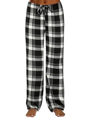 Ekouaer Schlafanzughose Damen Lang Baumwolle Karierte Pyjamahose Winter Weich Nachtwäsche Hose mit Taschen und Kordelzug, XXL von Ekouaer