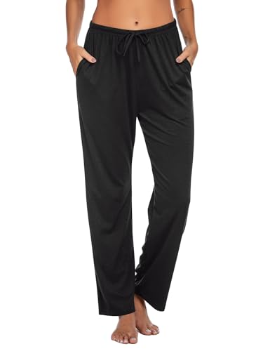 Ekouaer Schlafanzughose Damen Pyjamahose Lange Schlafanzughosen Baumwolle mit Taschen und Kordelzug Schwarz S von Ekouaer