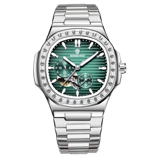 DoniRudy Herren Automatische mechanische Uhren für Männer Business Kleid Leuchtend Wasserdicht Luxus Business Herrenuhr Schwarzes Zifferblatt, Stahl-Grün von DoniRudy