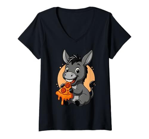 Damen Lustiger Esel isst Pizza Grafik Jungen Mädchen Eselliebhaber T-Shirt mit V-Ausschnitt von Donkey Eating Pizza Graphic Design