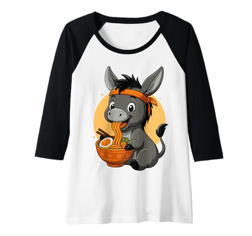 Damen Kawaii Esel Eating Ramen Grafik Japanischer Esel Grafik Raglan von Donkey Eating Ramen Funny Japanese Kawaii Design