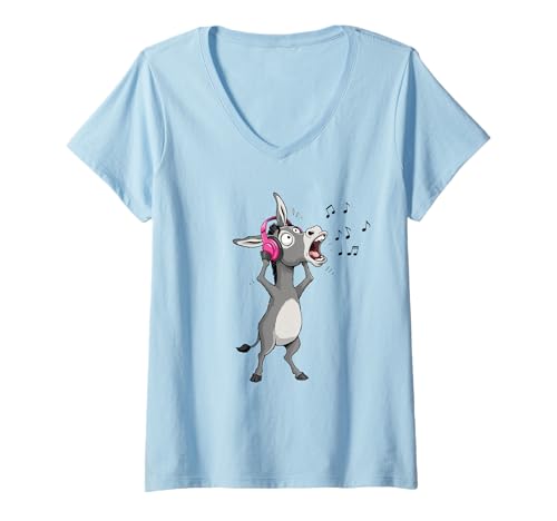 Damen Lustiges singendes Lied Esel Tier Geschenk Musiker Erwachsene Kinder T-Shirt mit V-Ausschnitt von Donkey Singing Karaoke Music Lover Graphic Design