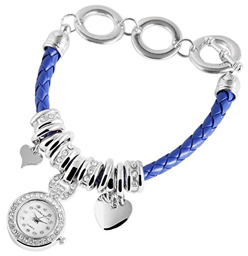 Donna Kelly Damenuhr analog Armbanduhr Silberfarbig Quarzwerk und Metallgehäuse rund 24mm x 7mm Kunstlederarmband Blau 24,5cm x 6mm und Ziffernblatt in weiß inkl. Steinbesatz 191523000001 von Donna Kelly