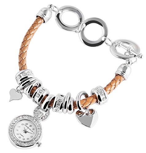 Donna Kelly Damenuhr analog Armbanduhr Silberfarbig Quarzwerk und Metallgehäuse rund 24mm x 7mm Kunstlederarmband Braun 24,5cm x 6mm und Ziffernblatt in weiß inkl. Steinbesatz 191527500001 von Donna Kelly