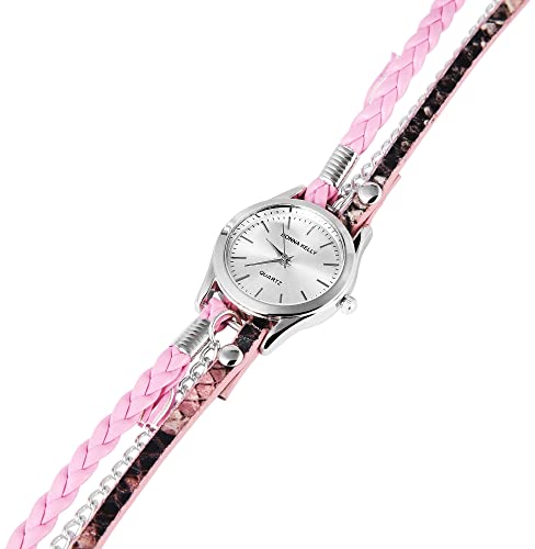 Donna Kelly Damenuhr analog Armbanduhr Silberfarbig Quarzwerk und Metallgehäuse rund 28mm x 8mm Kunstlederarmband Rosa 56,5cm x 14mm Druckknopf und Ziffernblatt in silberfarbig 191625500002 von Donna Kelly