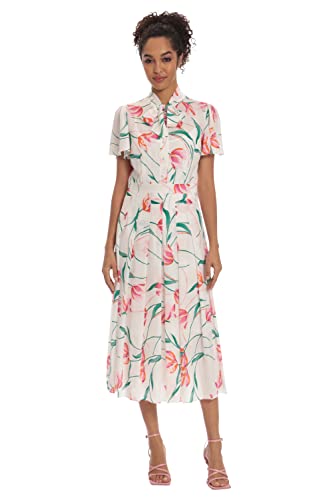 Donna Morgan Damen Floral Gedruckt Kurzarm Midi mit Faltenrock und Krawatte Kleid, Soft White/Soft Pink, 42 von Donna Morgan