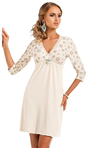 Donna hochwertiges luftiges Viskose-Negligee Nachthemd Sleepshirt mit edlem Blumenprint, Ecru, 3/4-Arm, Gr. 36 von DONNA