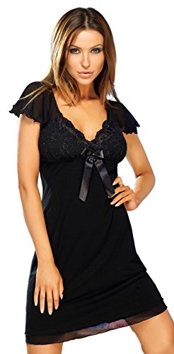 Donna schickes und stylisches Viskose-Negligee Nachthemd Sleepshirt in Schwarz mit zarter stikerei am Dekolletee und niedlichen Tüll-Ärmeln, schwarz, Gr. L von DONNA