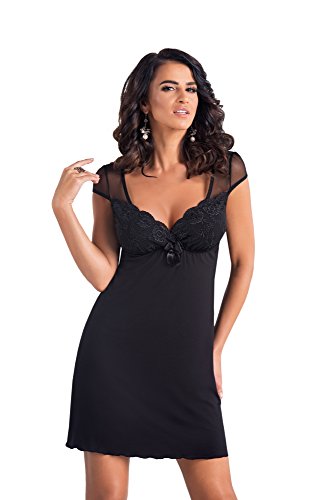 Selente Sweet Dreams Damen Elegantes Nachthemd/Negligee mit zarter Spitze, Schwarz Kurzarm, Gr. 36 von Selente