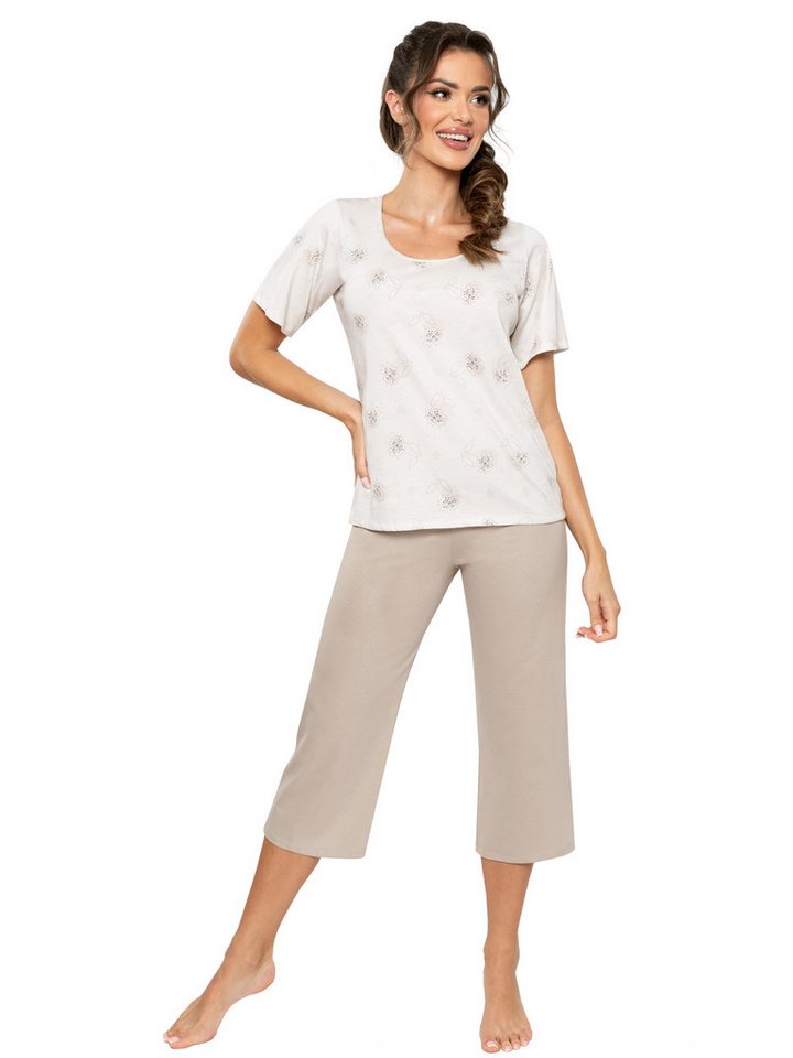 Donna Capri-Pyjama 3/4 Schlafanzug in Natur-Tönen (2 tlg) Basic 3/4-Pyjama-Hose in Ecru-Beige von Donna