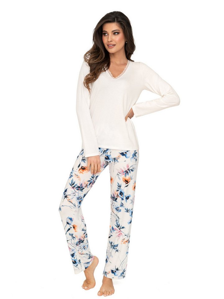 Donna Schlafanzug Basic Pyjama mit Blumen-Druck und passendem Basic-Shirt, Made in EU von Donna