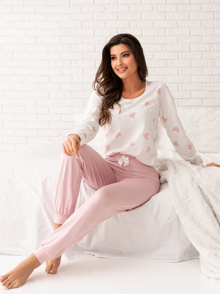 Donna Pyjama langarm Schlafanzug mit Herzchen All-Over-Print in Puder-rose (2 tlg) reine Baumwolle, Made in EU von Donna
