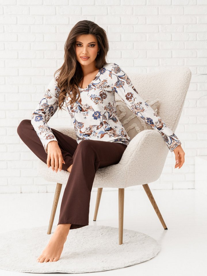 Donna Pyjama Schlafanzug mit floralem Druck & passender Basic-Schlafhose in braun weicher Viskose-Mix, Made in EU von Donna