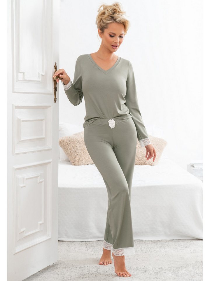 Donna Pyjama langarm Schlafanzug mit Spitze (langarm Shirt & lange Hose, 2 tlg) premium Viskose, Made in Europa von Donna