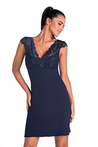 Selente Sweet Dreams Damen verführerisches kurzes Nachthemd/Negligee Kurzarm mit eleganter Spitze, Dunkelblau, Gr. 44 von Selente