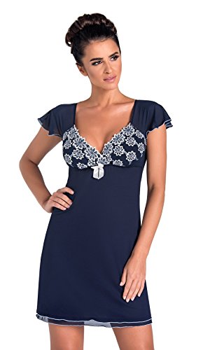 Donna verführerisches und sehr hochwertiges Nachthemd / Negligee / Sleepshirt mit Spitzendetails Made in EU, Dunkelblau/Weiß Kurzarm, Gr. 36 (S) von DONNA