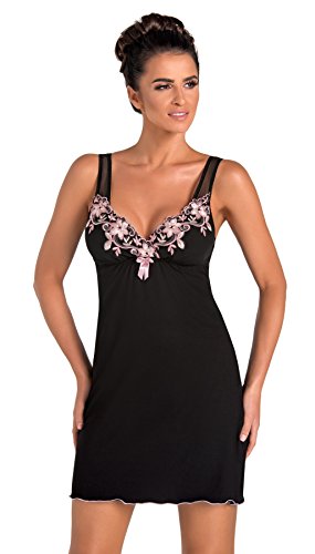 Donna verführerisches und sehr hochwertiges Nachthemd / Negligee / Sleepshirt mit Spitzendetails Made in EU, Schwarz/Rosa breite Träger, Gr. 40 (L) von DONNA