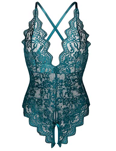 Donnalla Damen Einteiler Teddy Plunging Spitze Bodysuit Elegant Flitterwochen Dessous - Grün - Groß von Donnalla