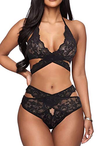 Donnalla Sexy Dessous-Set für Damen, zweiteiliger Spitzen-BH und Höschen, Babydoll, Nachtwäsche - Schwarz - Groß von Donnalla