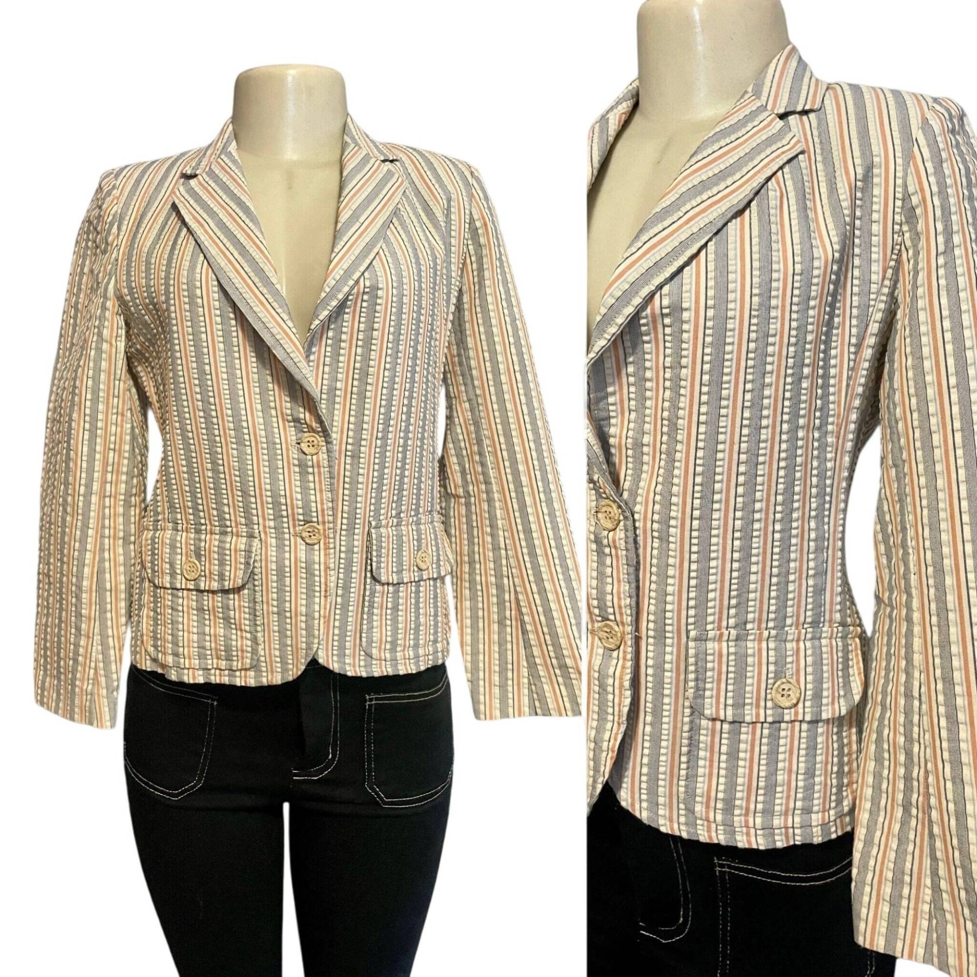 Vintage 1960Er Crop Blazer Jacke Von Cg & Company Blau Gestreift Größe 6 Midcentury 60Er Mod Fashion Damen Kurzjacke Strukturiert Klein von DonnitaLovesVintage