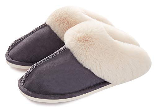 Donpapa Damen Herren Hausschuhe Lammfell Flauschige Pantoffeln Plüsch Winter Warme Slipper Gefüttert Schlappen Dunkelgrau 36.5-38 von Donpapa