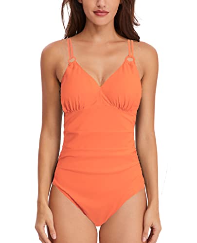 Donpapa Badeanzug Damen Bauchweg Bikini Bademode Badekleid Einteiliger Mit Shaping Effekt Push Up Monikini V Ausschnitt Triangel 2023Orange 2XL von Donpapa