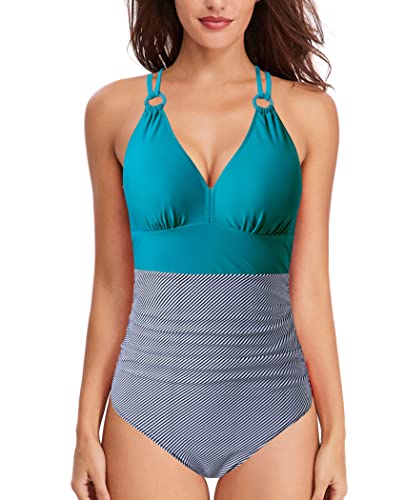 Donpapa Badeanzug Damen Bauchweg Bikini Bademode Badekleid Einteiliger Mit Shaping Effekt Push Up Monikini V Ausschnitt Triangel Grün/Grau 2XL von Donpapa