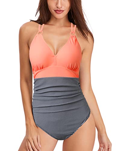 Donpapa Badeanzug Damen Bauchweg Bikini Bademode Badekleid Einteiliger Mit Shaping Effekt Push Up Monikini V Ausschnitt Triangel Orange/Grau 2XL von Donpapa