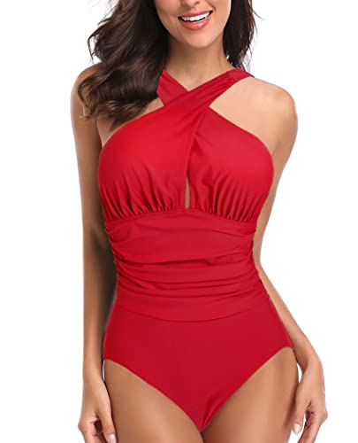 Donpapa Badeanzug Damen Bauchweg Bikini Bademode Badekleid Einteiliger Mit Shaping Effekt Push Up Monikini V Ausschnitt Triangel Rot2 2XL von Donpapa