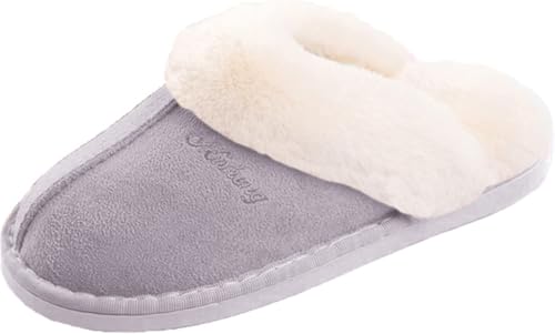 Donpapa Damen Herren Hausschuhe Schafwolle Pantoffeln Winter Warme Memory Foam Slipper Weiche Flache Plüsch Grau M von Donpapa