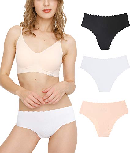 Donpapa Damen Unterwäsche Nahtlos Slips Seamless Panties Hipster Mikrofaser Bequeme Unterhosen Streifen Bikinis Taillenslips 3 Pack (Schwarz/Beige/Weiß XS) von Donpapa