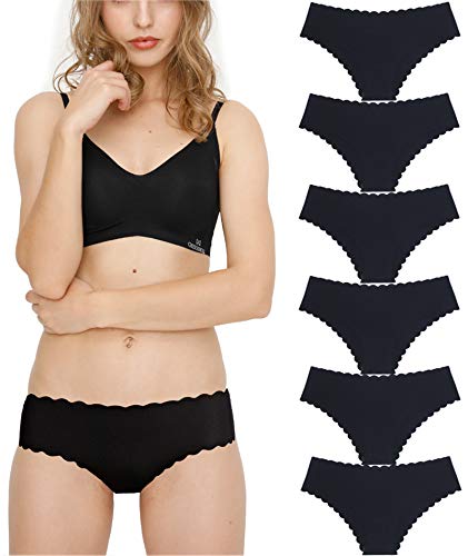 Donpapa Damen Unterwäsche Nahtlos Slips Seamless Panties Hipster Mikrofaser Bequeme Unterhosen Streifen Bikinis Taillenslips 6 Pack (Schwarz M) von Donpapa