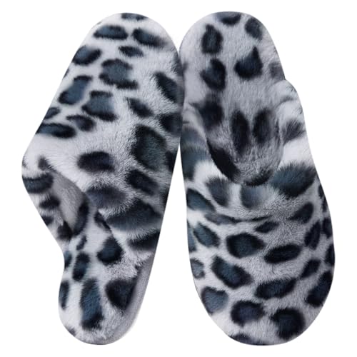 Donpapa Hausschuhe Damen Herren Flauschige Winter Warme Pantoffeln Plüsch Kunstfell und Memory Foam Bequeme Rutschfeste Slippers Grauer Leopard Large von Donpapa
