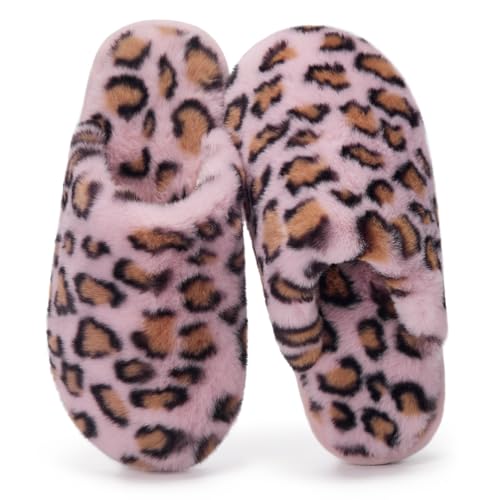 Donpapa Hausschuhe Damen Herren Flauschige Winter Warme Pantoffeln Kunstfell Plüsch Rutschfeste Bequeme Slippers Rosa Leopard 36.5-38 von Donpapa