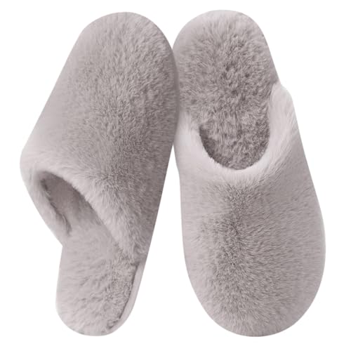 Donpapa Hausschuhe Damen Herren Flauschige Winter Warme Pantoffeln Plüsch Kunstfell und Memory Foam Bequeme Rutschfeste Slippers Grau Large von Donpapa
