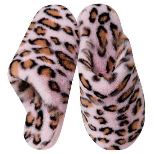 Donpapa Hausschuhe Damen Herren Flauschige Winter Warme Pantoffeln Plüsch Kunstfell und Memory Foam Bequeme Rutschfeste Slippers Rosa Leopard Large von Donpapa