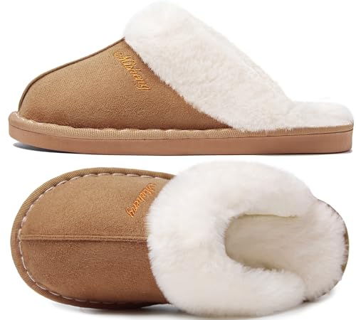 Donpapa Hausschuhe Damen Herren Winter Warme Plüsch with Memory Foam Faux Lammfell Pantoffeln Flauschige Rutschfeste Slippers Indoor Outdoor Chestnut 40.5-42 von Donpapa
