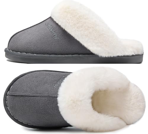 Donpapa Hausschuhe Damen Herren Winter Warme Plüsch with Memory Foam Faux Lammfell Pantoffeln Flauschige Rutschfeste Slippers Indoor Outdoor Dunkelgrau 42.5-44 von Donpapa