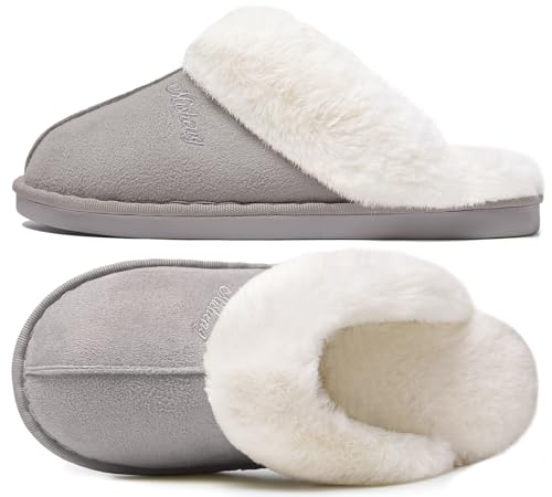 Donpapa Hausschuhe Damen Herren Winter Warme Plüsch with Memory Foam Faux Lammfell Pantoffeln Flauschige Rutschfeste Slippers Indoor Outdoor Hellgrau 36.5-38 von Donpapa