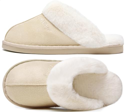 Donpapa Hausschuhe Damen Herren Winter Warme Plüsch with Memory Foam Faux Lammfell Pantoffeln Flauschige Rutschfeste Slippers Indoor Outdoor Mustard Seed Natural 36.5-38 von Donpapa