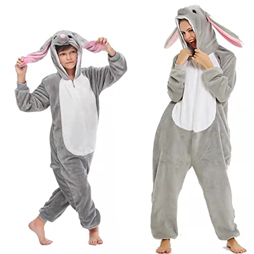 Donpeer Grauer Hase Jumpsuit Onesie Tier Kostüm,Fasching Karneval Halloween Kostüm,Kinder Mädchen Junge Sleepsuit Overall Pyjama,Unisex Lounge Cosplay Schlafanzug 120(110~120cm) -A149 von Donpeer