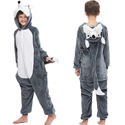 Donpeer Grauer Wolf Jumpsuit Onesie Tier Kostüm,Fasching Karneval Halloween Kostüm,Kinder Mädchen Junge Sleepsuit Overall Pyjama,Unisex Lounge Cosplay Schlafanzug 100(90~100cm) -A145 von Donpeer