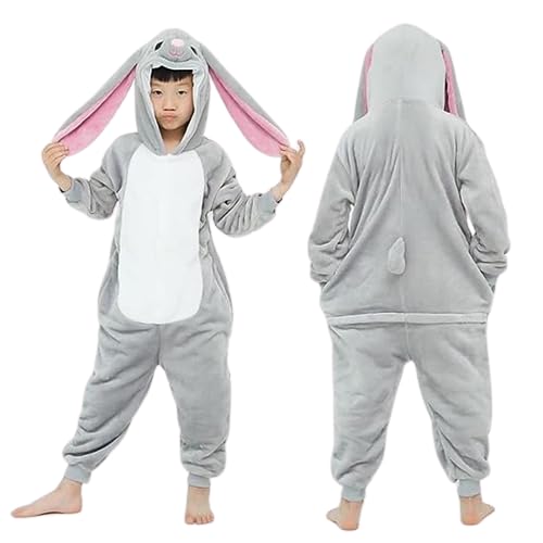 Donpeer Langohrkaninchen grau Jumpsuit Onesie Tier Kostüm,Fasching Karneval Halloween Kostüm,Kinder Mädchen Junge Sleepsuit Overall Pyjama,Unisex Lounge Cosplay Schlafanzug 120(110~120cm) -A141 von Donpeer