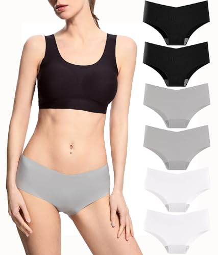 Donppa Unterhosen Damen Nahtlos Seamless Slips Unterwäsche Frauen Mid-Rise Weich Hipster Unsichtbare Stretch Panties 3/6 Pack Schwarz/Weiß/Grau L von Donppa